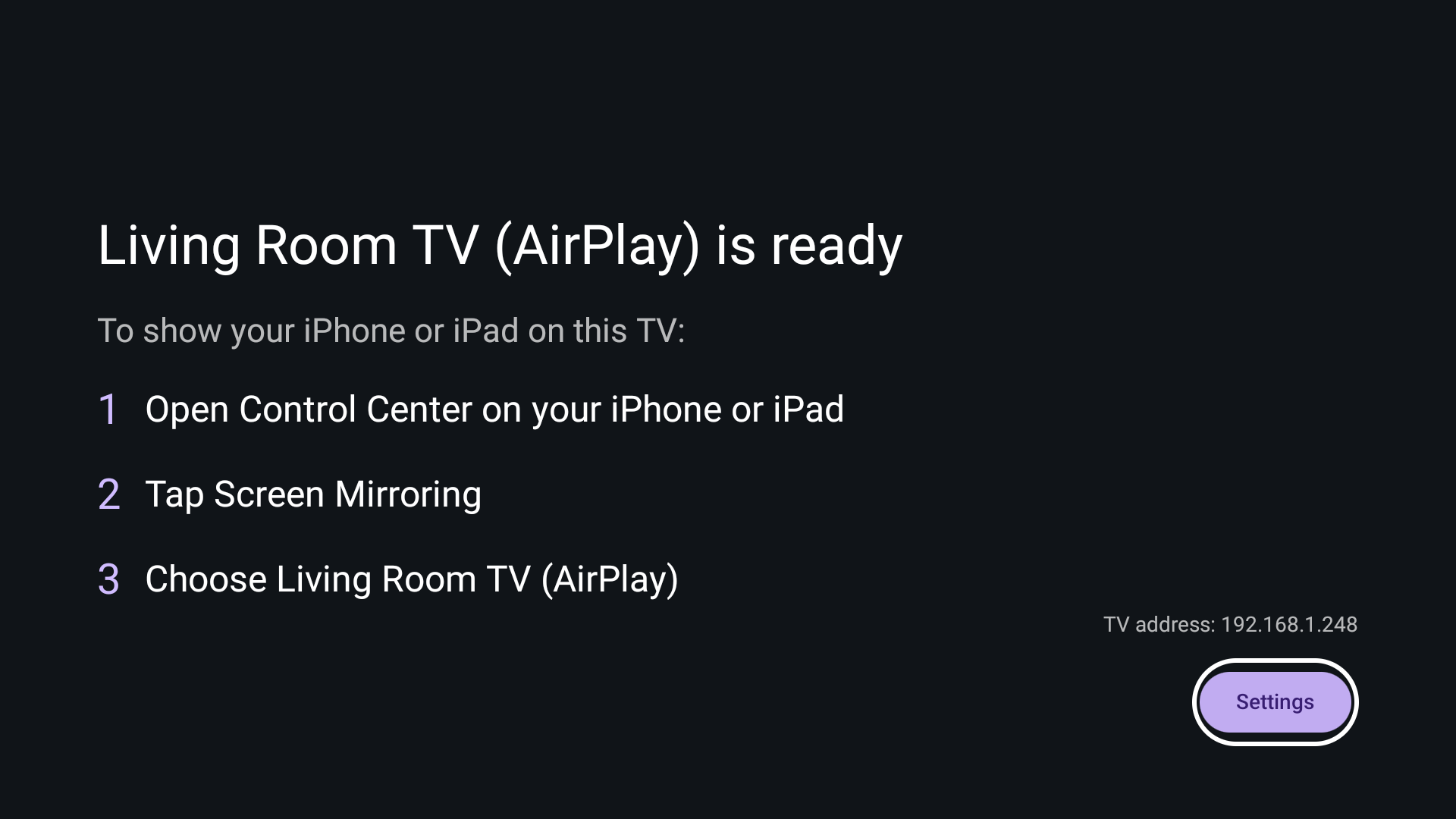 Sideplay on a TV: Living Room TV (AirPlay) is ready, with steps to connect an iPhone or iPad