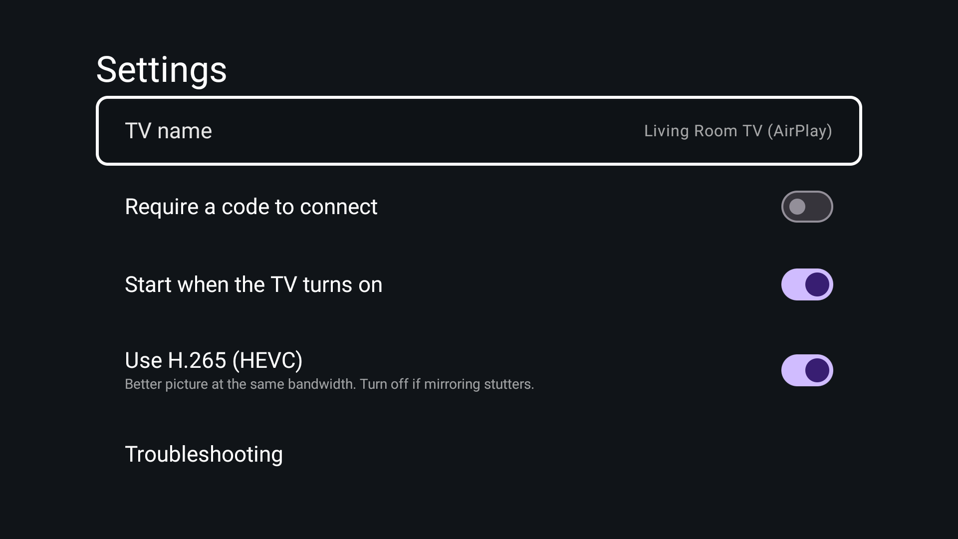 Sideplay settings on a TV: TV name, require a code to connect, start when the TV turns on, use H.265